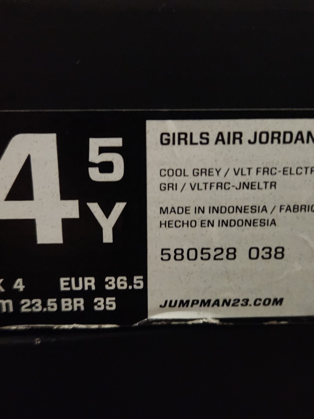 Girls Air Jordan Sneakers Box Label - Cool Grey
